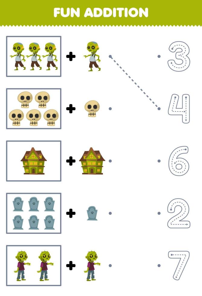 juego educativo para niños divertido contar y agregar un lindo juego de zombis de dibujos animados más, luego elija el número correcto trazando la línea hoja de trabajo de halloween vector