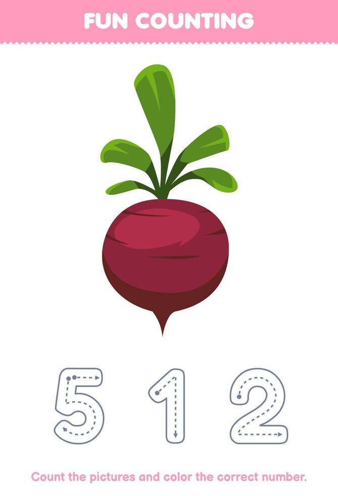 Education game for children count the pictures and color the correct number from cute cartoon beet printable vegetable worksheet vector