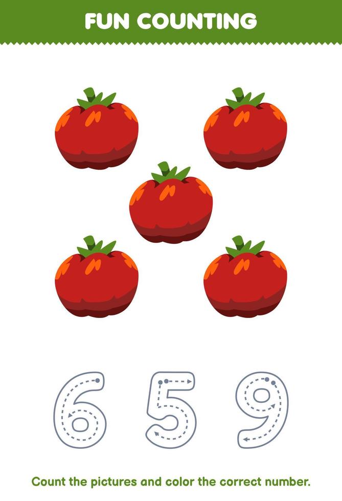 Education game for children count the pictures and color the correct number from cute cartoon tomato printable vegetable worksheet vector