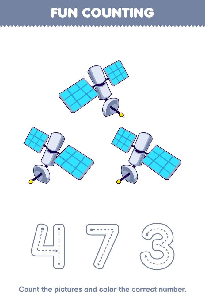 Education game for children count the pictures and color the correct number from cute cartoon satellite printable solar system worksheet vector