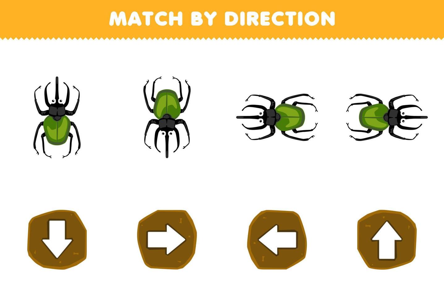 Education game for children match by direction left right up or down orientation of cute cartoon beetle printable bug worksheet vector