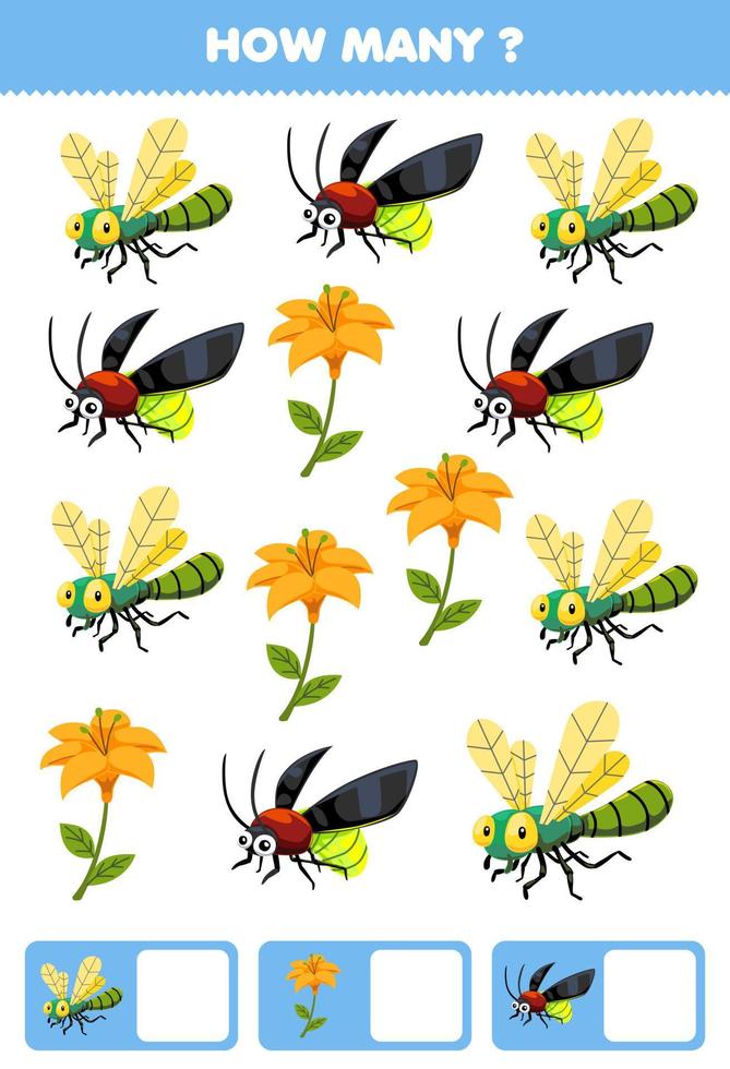 Education game for children searching and counting how many objects of cute cartoon dragonfly flower firefly printable bug worksheet vector