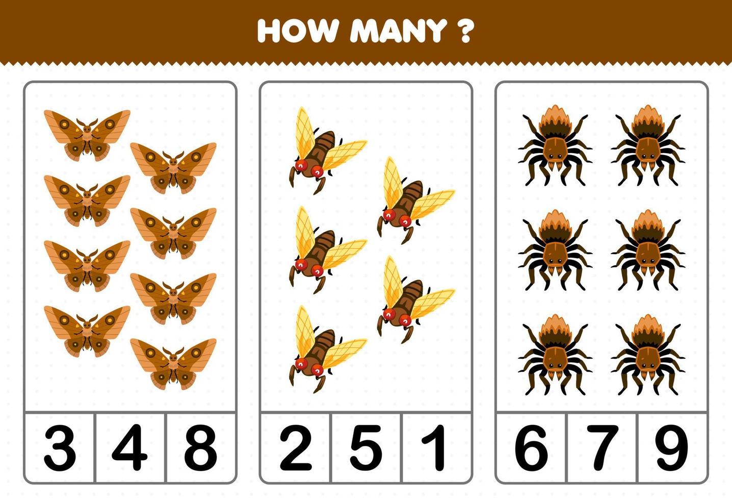 Education game for children counting how many cute cartoon moth cicada tarantula printable bug worksheet vector