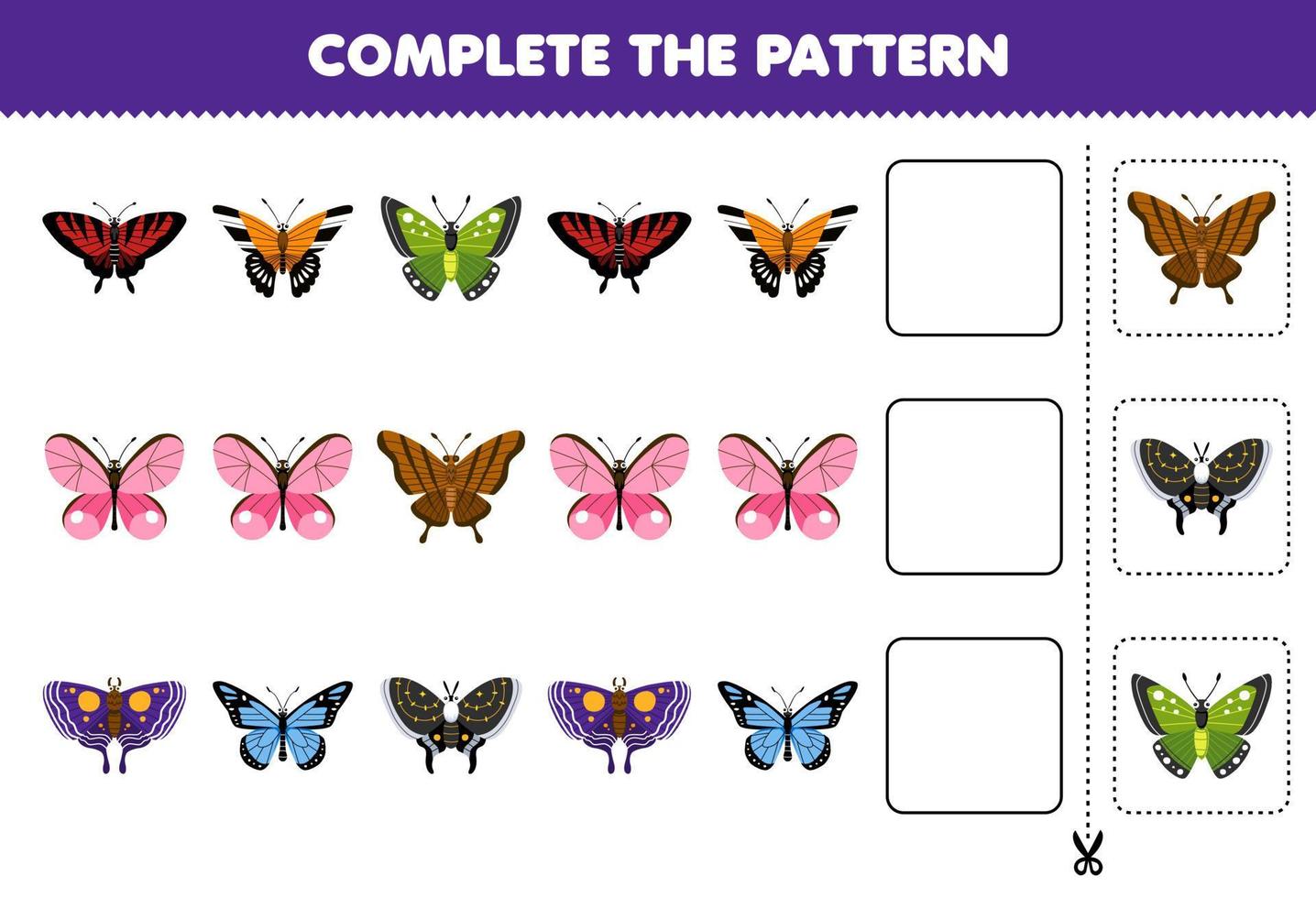 Education game for children complete the pattern of cute cartoon butterfly printable bug worksheet vector