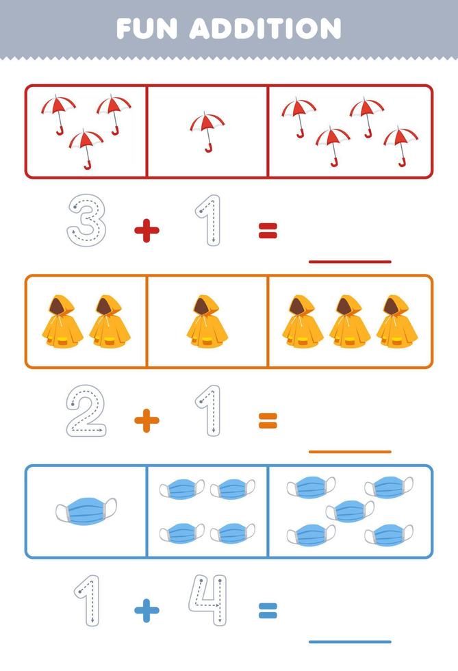 Education game for children fun addition by counting and tracing the