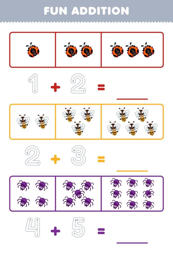 Education game for children fun addition by counting and tracing the number of cute cartoon ladybug bee spider printable animal worksheet vector