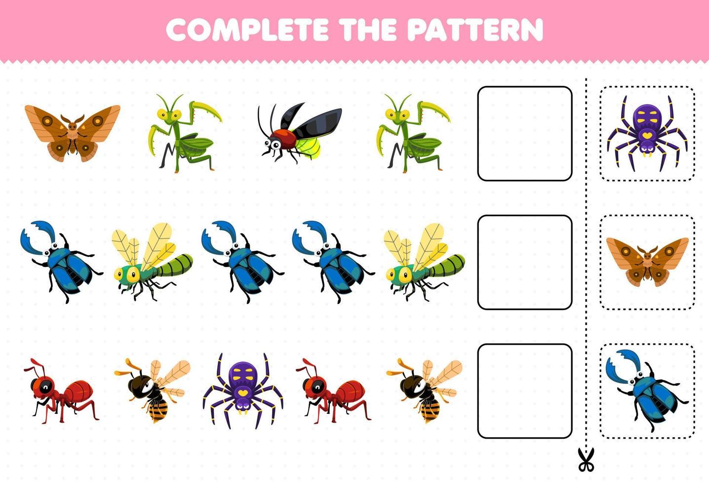 Education game for children complete the pattern of cute cartoon butterfly mantis firefly beetle dragonfly ant bee spider printable bug worksheet vector