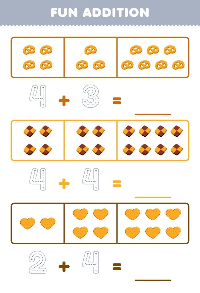 Education game for children fun addition by counting and tracing the number of cute cartoon biscuit printable food worksheet vector