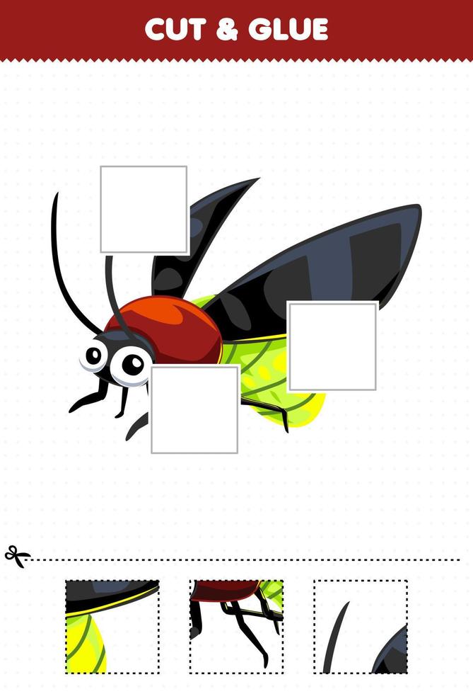 Education game for children cut and glue cut parts of cute cartoon firefly and glue them printable bug worksheet vector