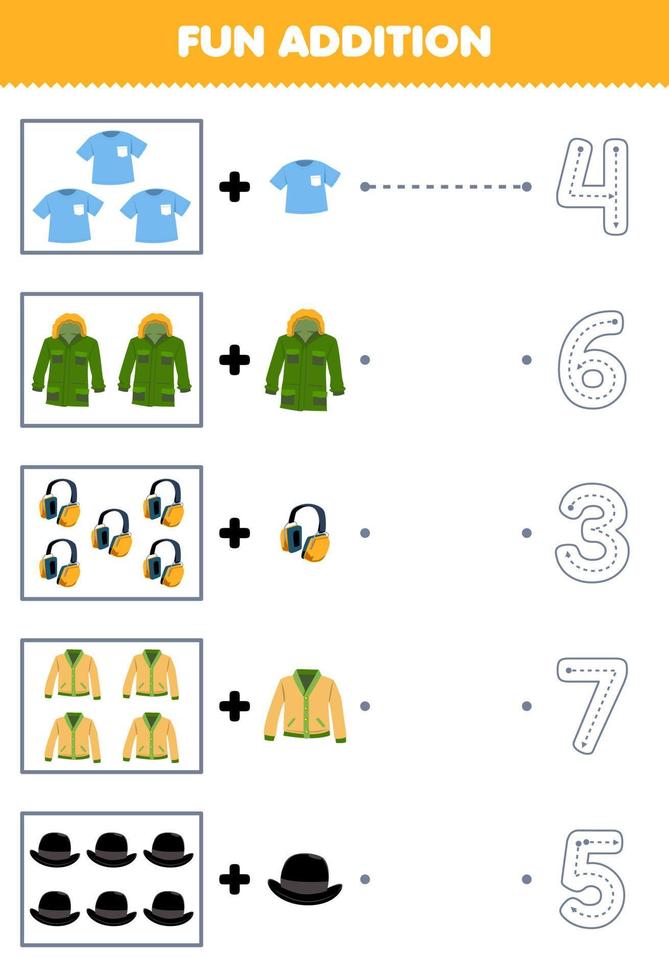 Education game for children fun addition of cartoon t shirt jacket headphone cardigan derby hat then choose the correct number by tracing the line clothes worksheet vector
