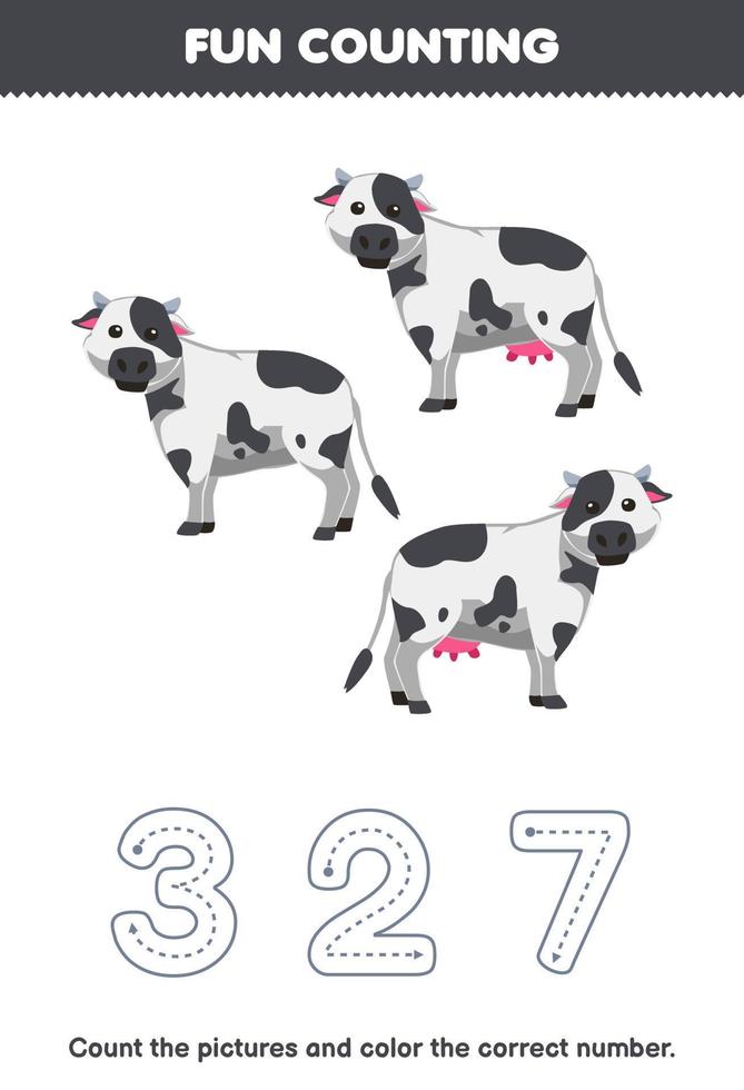 Education game for children count the pictures and color the correct number from cute cartoon cow printable farm worksheet vector