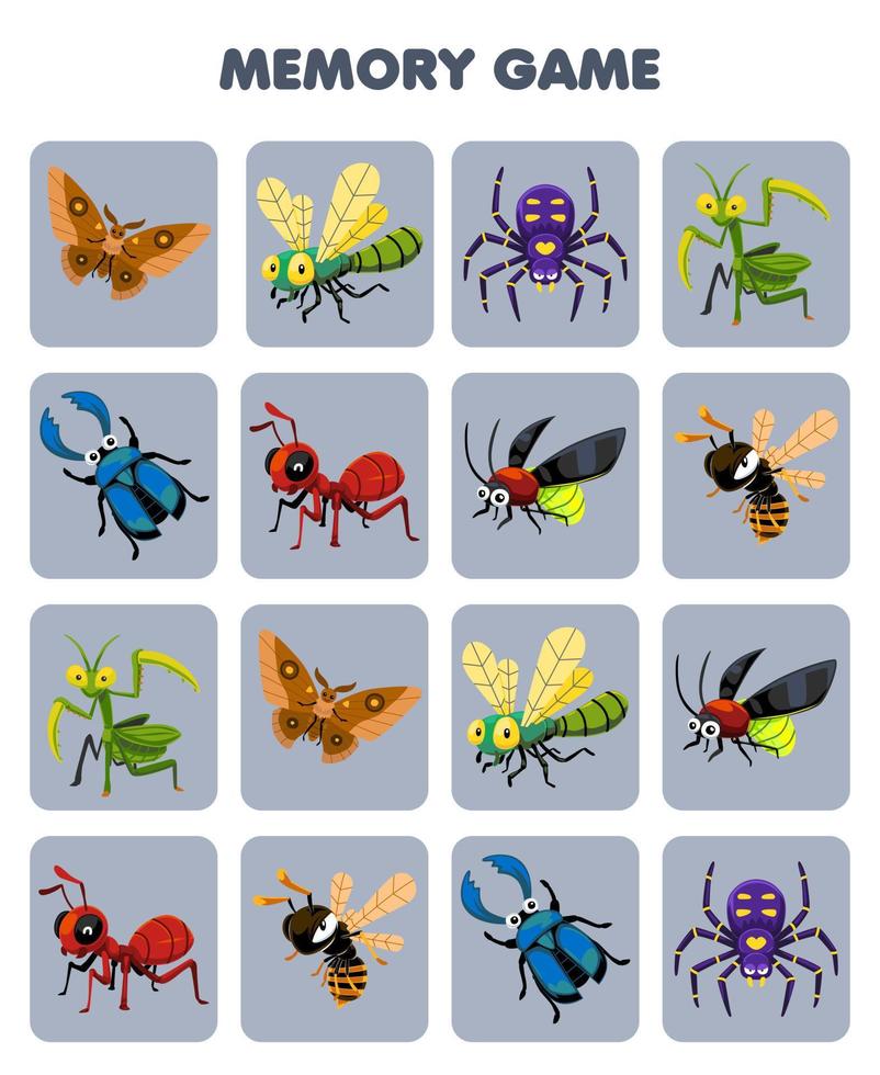 Education game for children memory to find similar pictures of cute cartoon moth dragonfly spider mantis beetle ant firefly bee printable bug worksheet vector