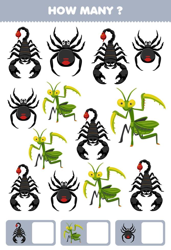Education game for children searching and counting how many objects of cute cartoon scorpion mantis spider printable bug worksheet vector