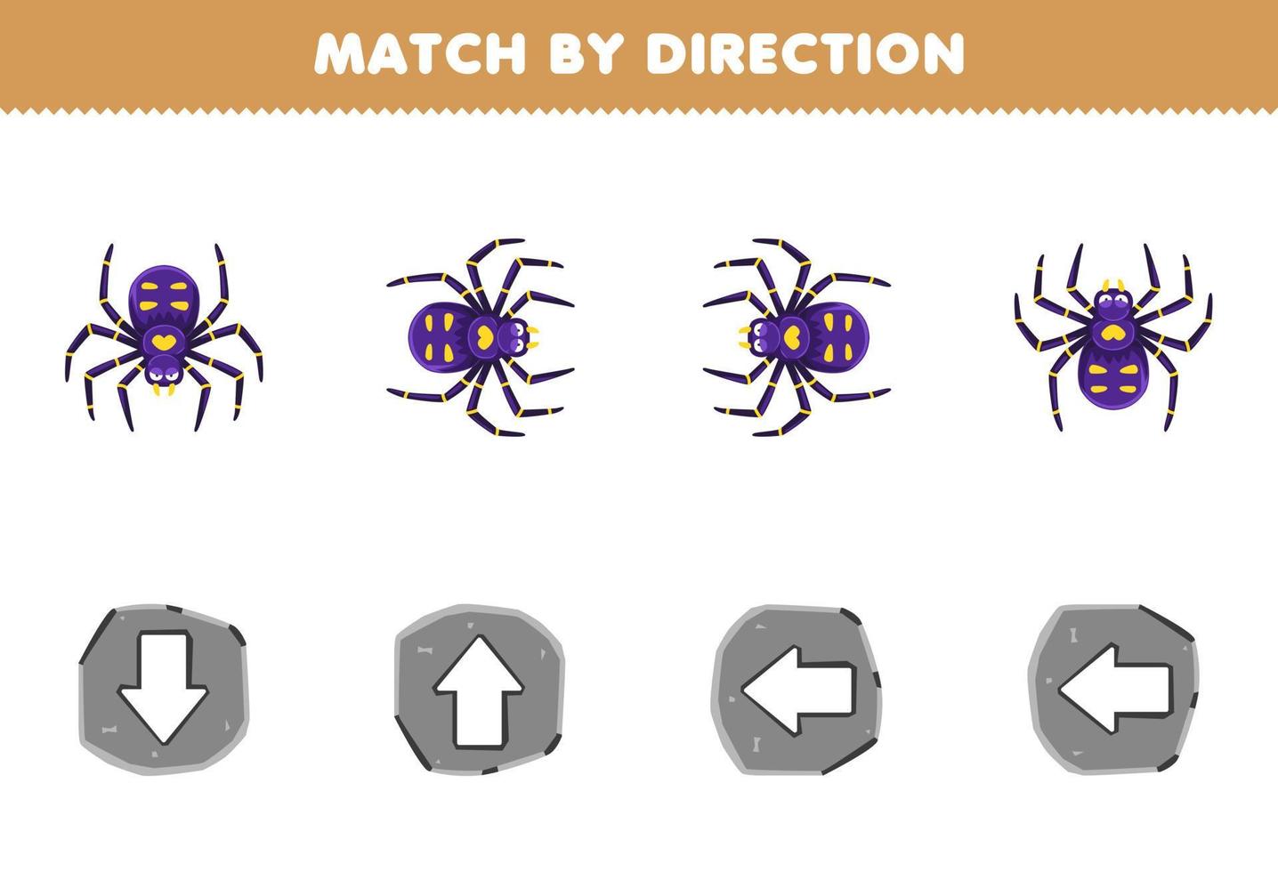 Education game for children match by direction left right up or down orientation of cute cartoon spider printable bug worksheet vector