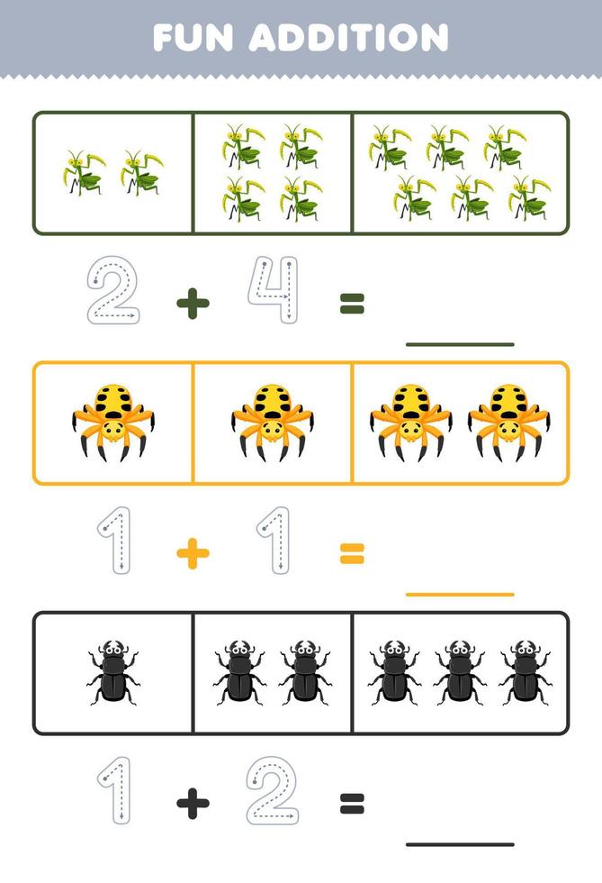 Education game for children fun addition by counting and tracing the number of cute cartoon mantis spider beetle printable bug worksheet vector
