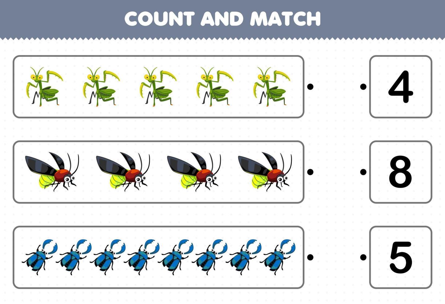 juego educativo para niños cuente el número de escarabajo de luciérnaga mantis de dibujos animados lindo y haga coincidir con los números correctos hoja de trabajo de error imprimible vector