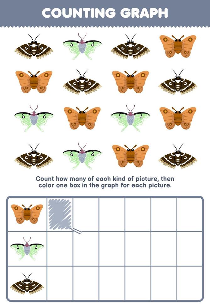 Education game for children count how many cute cartoon moth then color the box in the graph printable bug worksheet vector