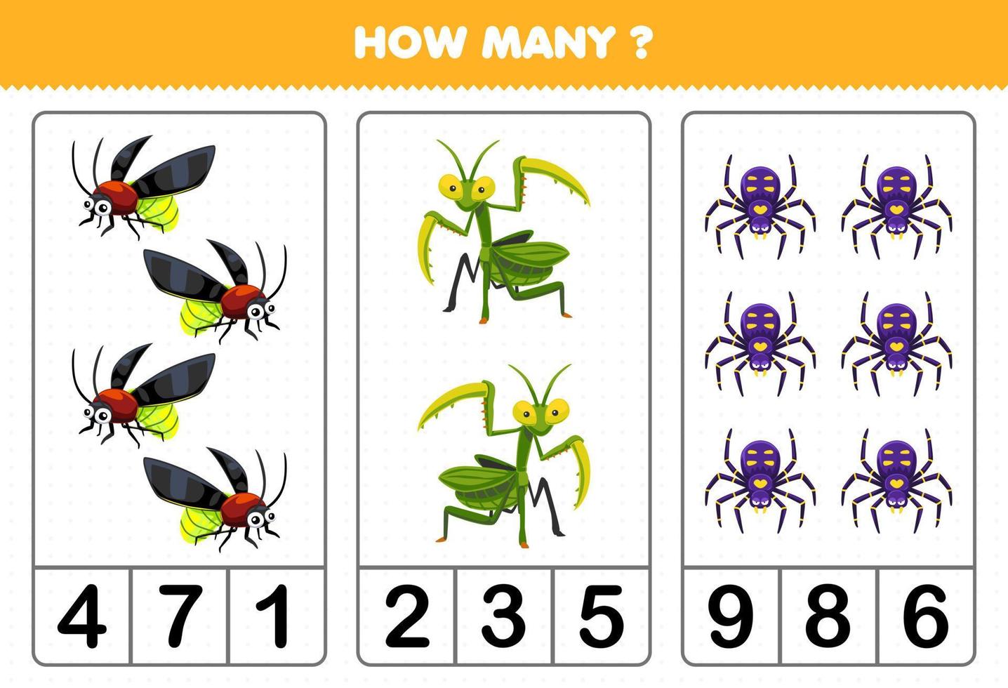 Education game for children counting how many cute cartoon firefly mantis spider printable bug worksheet vector