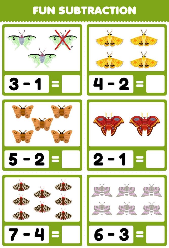 Education game for children fun subtraction by counting and eliminating cute cartoon moth printable bug worksheet vector