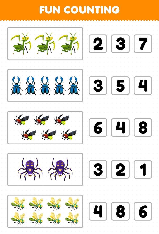 Education game for children fun counting and choosing the correct number of cute cartoon mantis beetle firefly spider dragonfly printable bug worksheet vector