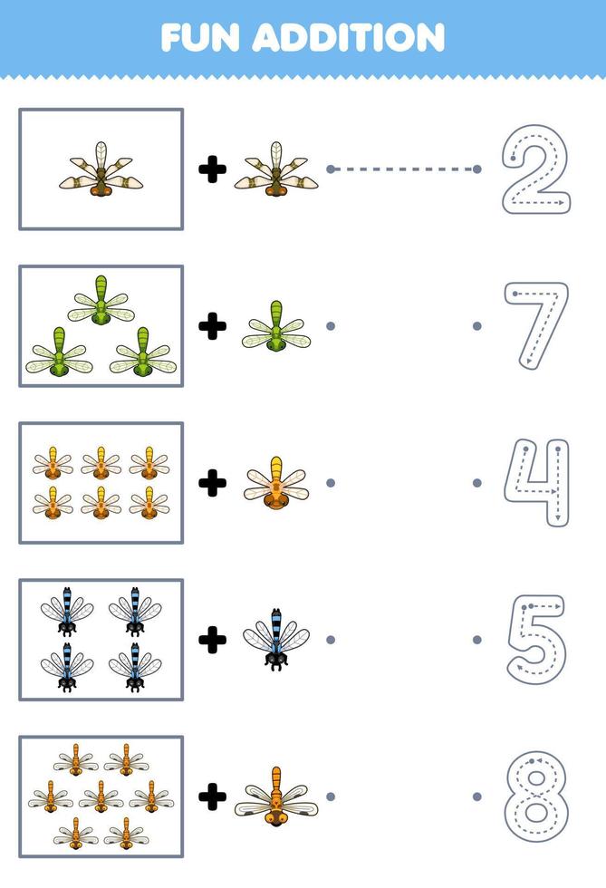 Education game for children fun addition of cute cartoon dragonfly then choose the correct number by tracing the line bug worksheet vector
