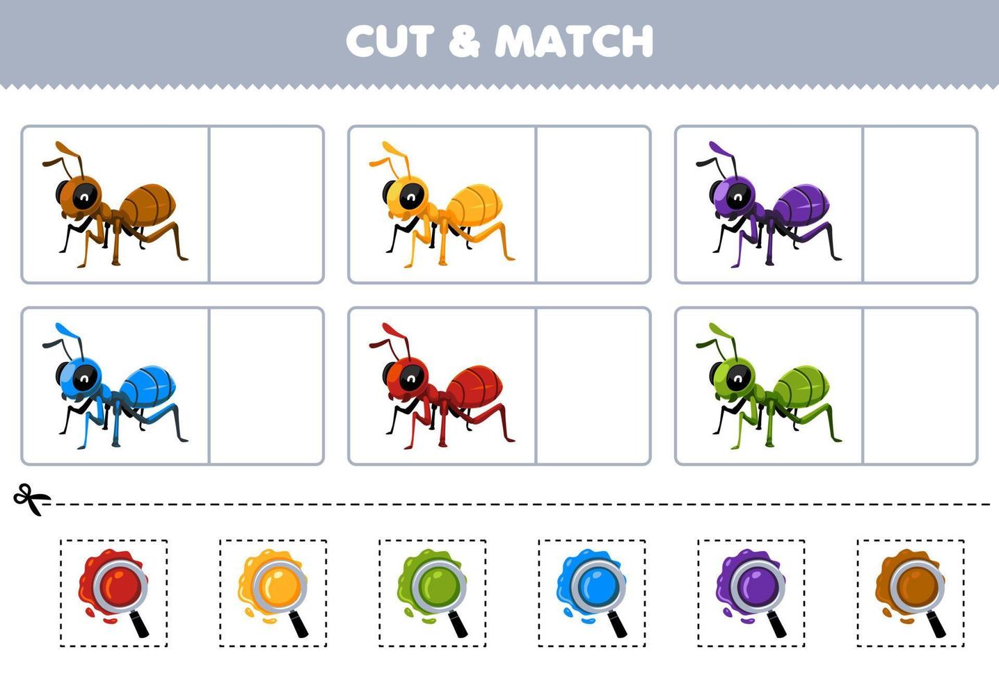 juego educativo para niños corta y combina el mismo color de la linda hoja de trabajo imprimible de hormiga de dibujos animados vector