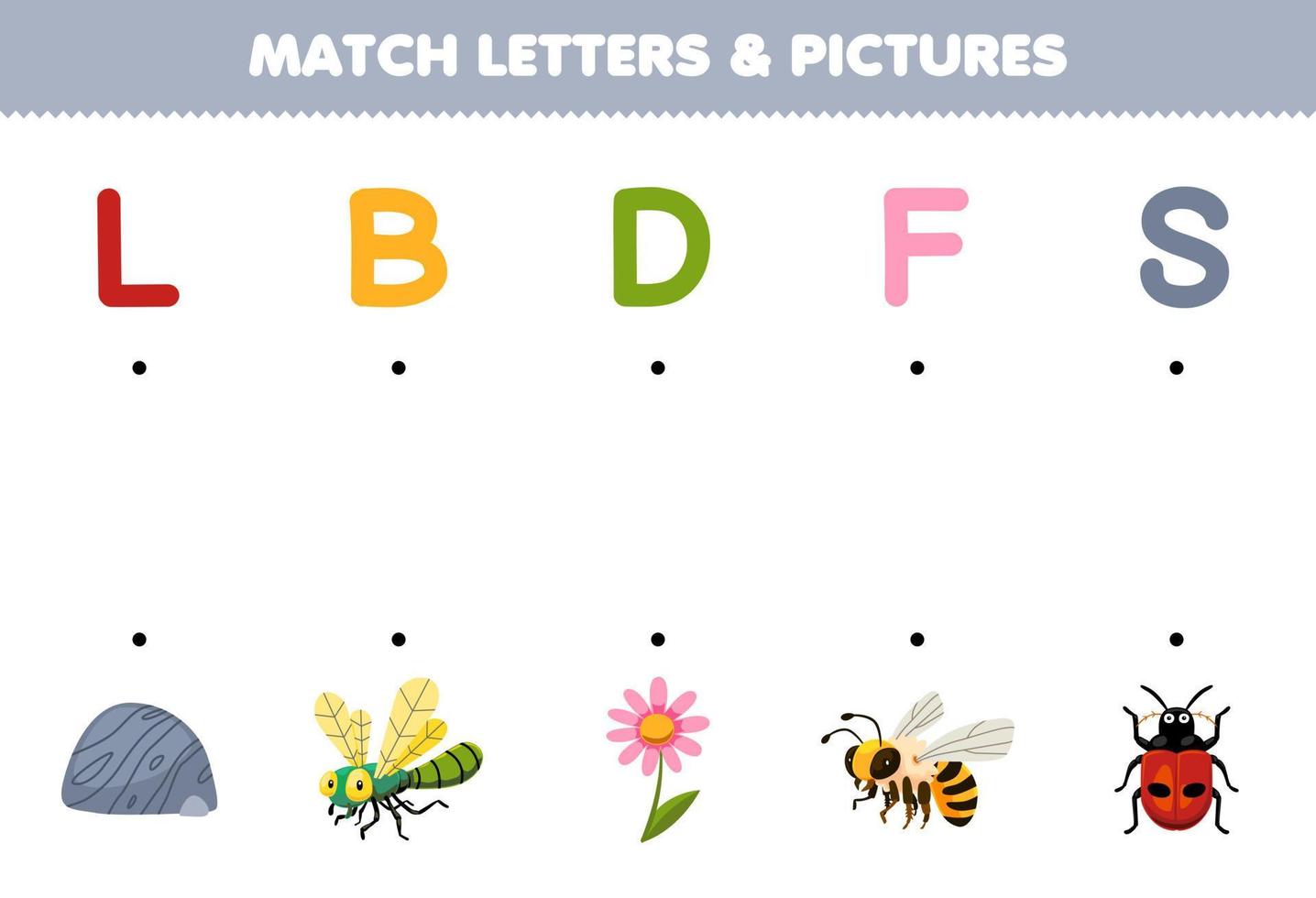 Education game for children match letters and pictures of cute cartoon stone dragonfly flower bee ladybug printable bug worksheet vector