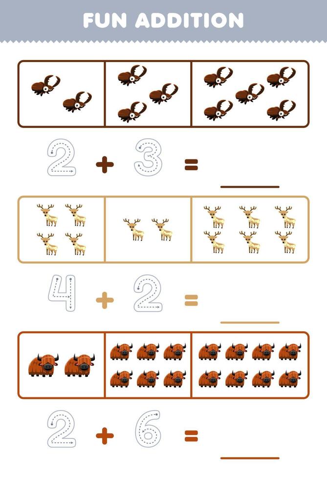 Education game for children fun addition by counting and tracing the number of cute cartoon beetle reindeer yak printable animal worksheet vector