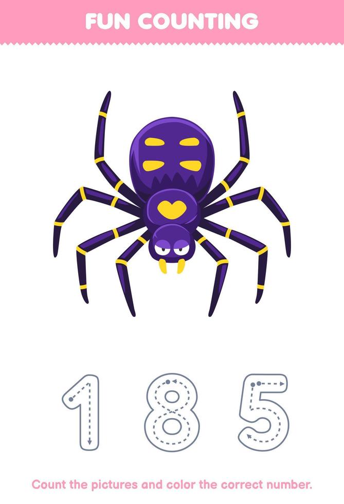 Education game for children count the pictures and color the correct number from cute cartoon spider printable bug worksheet vector