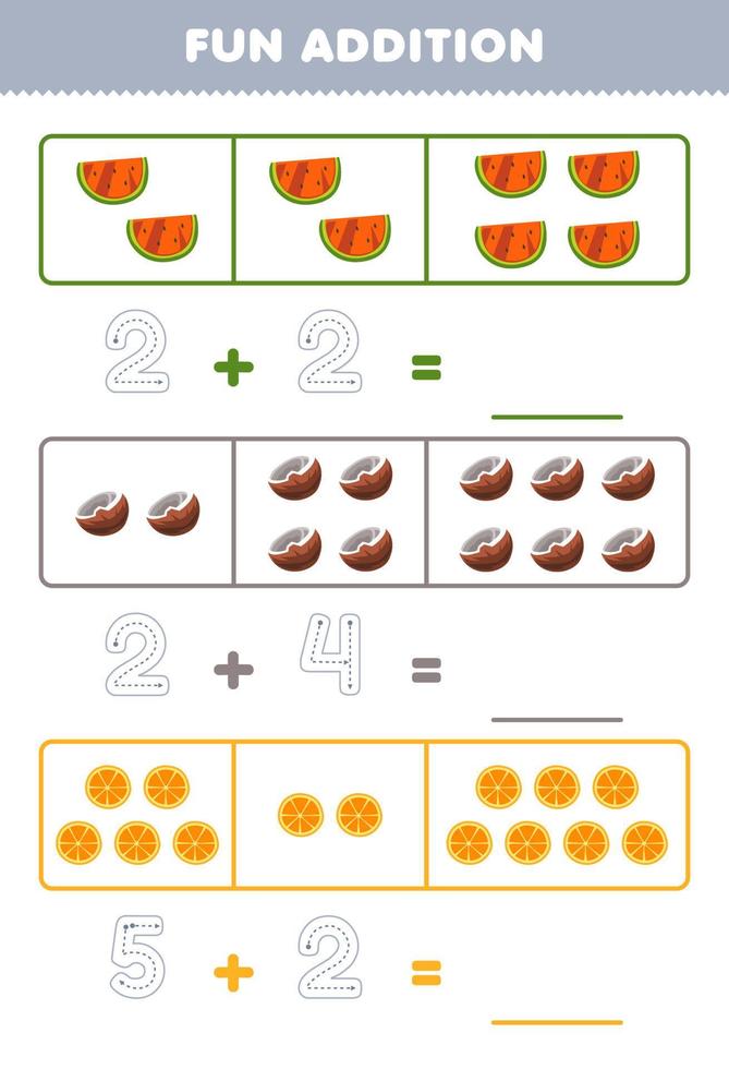 Education game for children fun addition by counting and tracing the number of cute cartoon watermelon coconut orange printable fruit worksheet vector