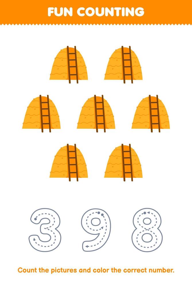 Education game for children count the pictures and color the correct number from cute cartoon haystack printable farm worksheet vector