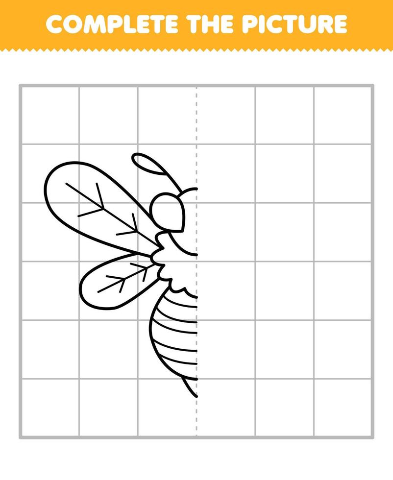 Education game for children complete the picture of cute cartoon bee half outline for drawing printable bug worksheet vector