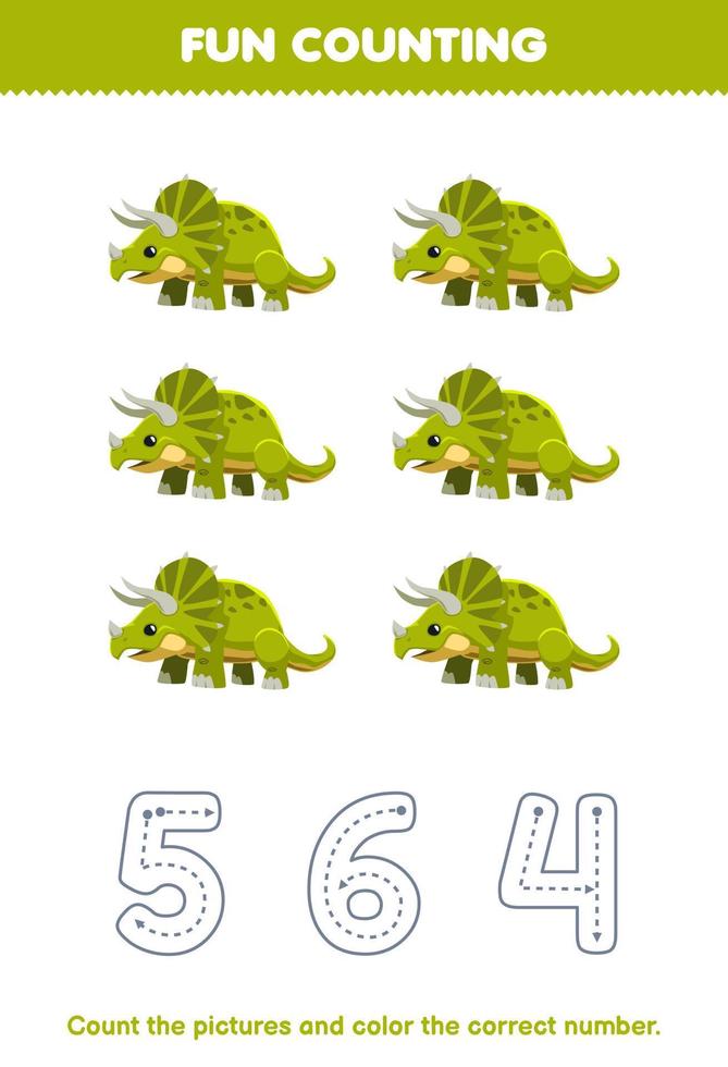 Education game for children count the pictures and color the correct number from cute cartoon triceratops printable prehistoric dinosaur worksheet vector