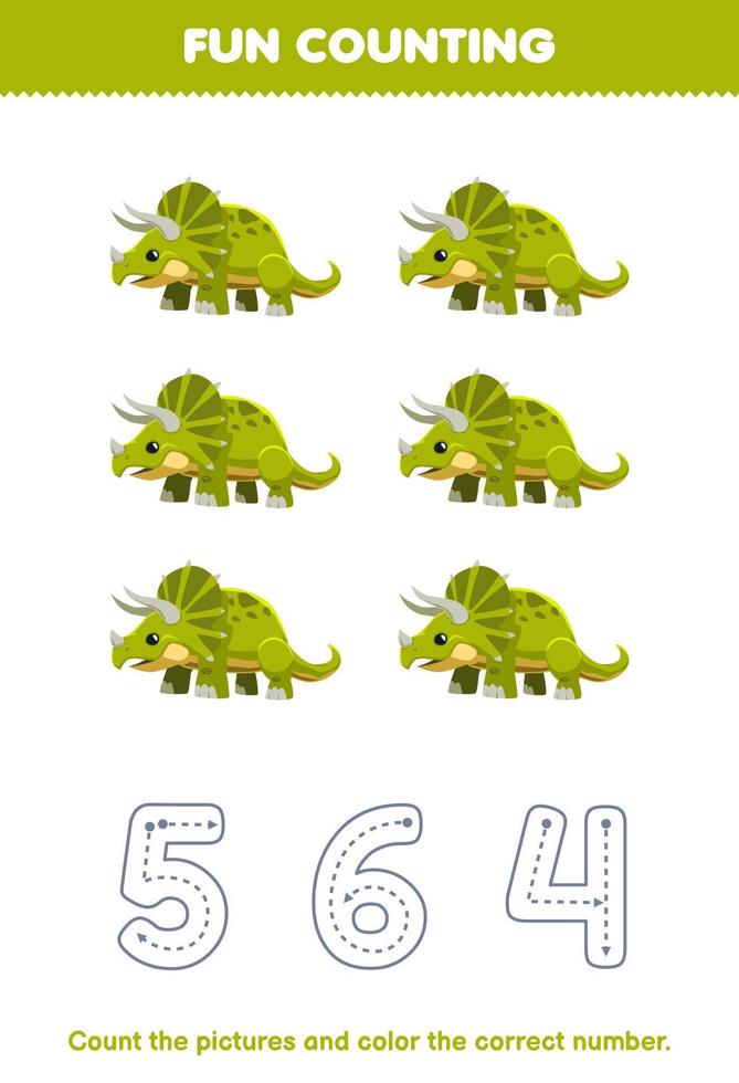 juego educativo para niños contar las imágenes y colorear el número correcto de la hoja de trabajo de dinosaurio prehistórico imprimible triceratops de dibujos animados lindo vector