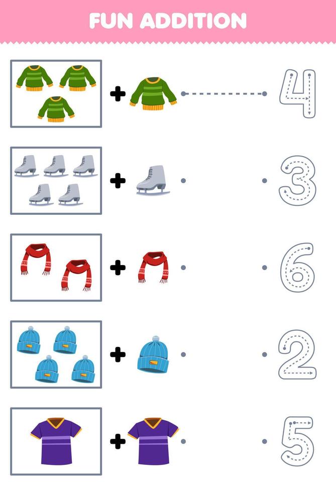 Education game for children fun addition of cartoon sweater shoes scarf beanie hat jersey then choose the correct number by tracing the line clothes worksheet vector