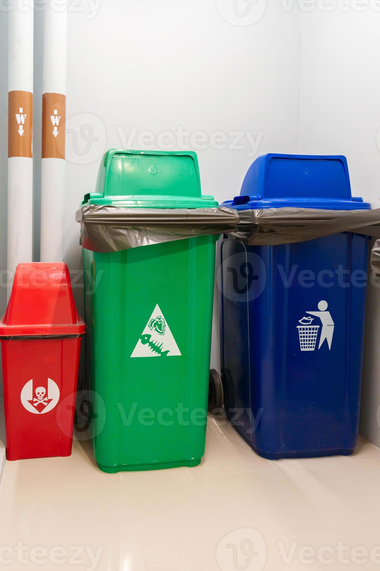 Colorful trash dustbin, Red, green, blue and yellow bin for Hazardous