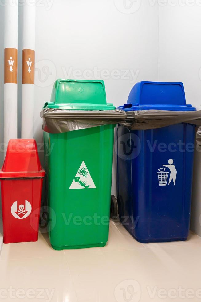 Colorful trash dustbin, Red, green, blue and yellow bin for Hazardous, Biodegradable, General and Recyclable waste. recycling management, waste segregation, garbage and rubbish concept photo