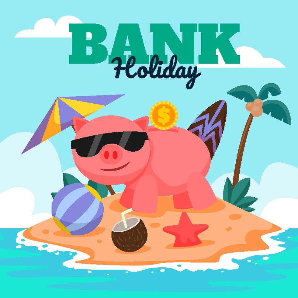 Bank Holiday Concept with Piggy Bank on Beach vector