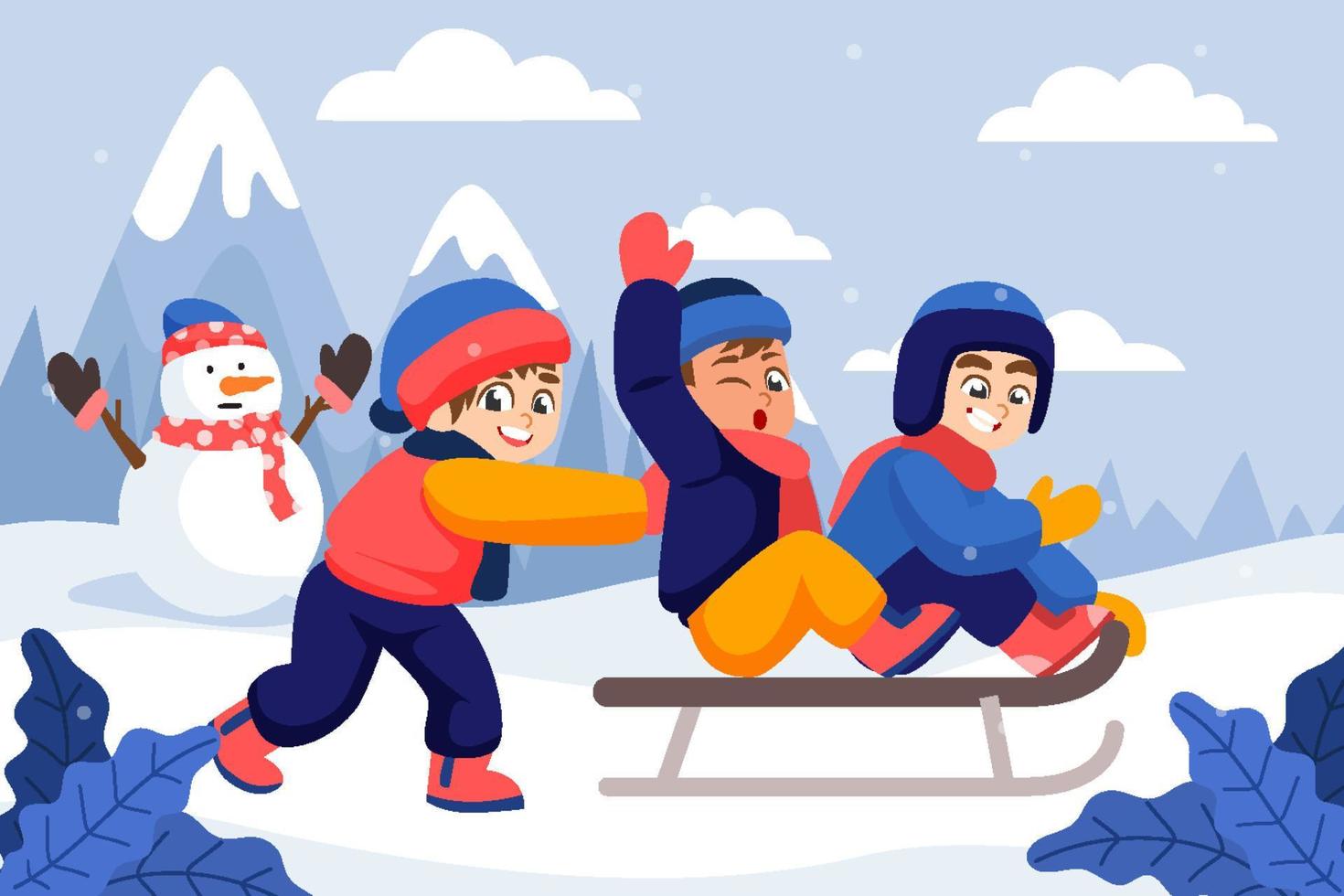 Winter Outdoor Activities Concept with Children Playing Ski vector