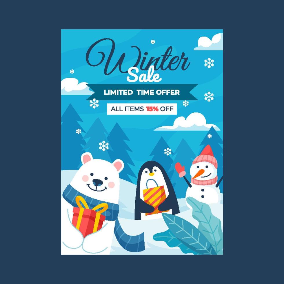 Plantilla de póster de descuento de venta de invierno con lindos personajes vector