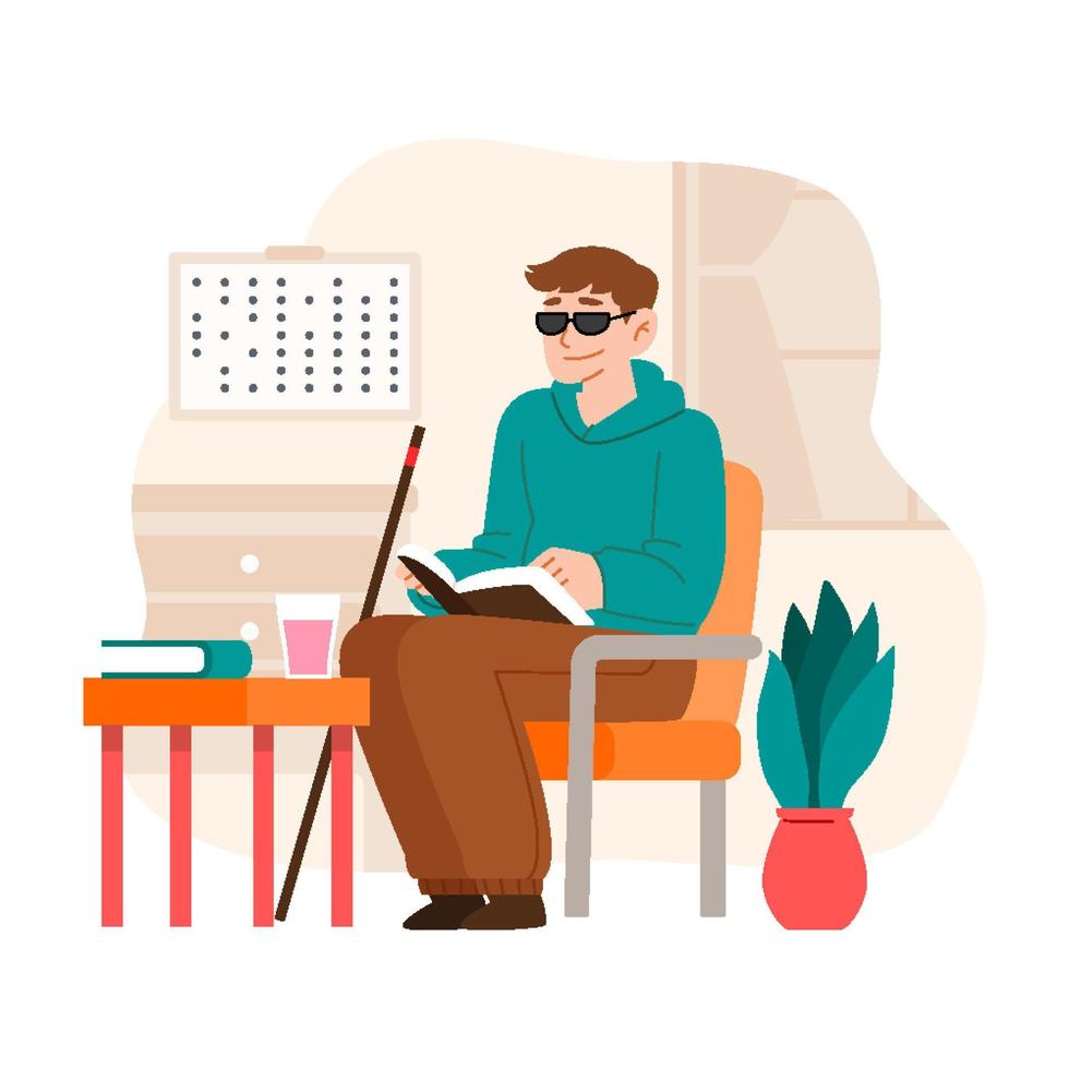 Man Reading Braille with Finger Touch Indoor Concept vector