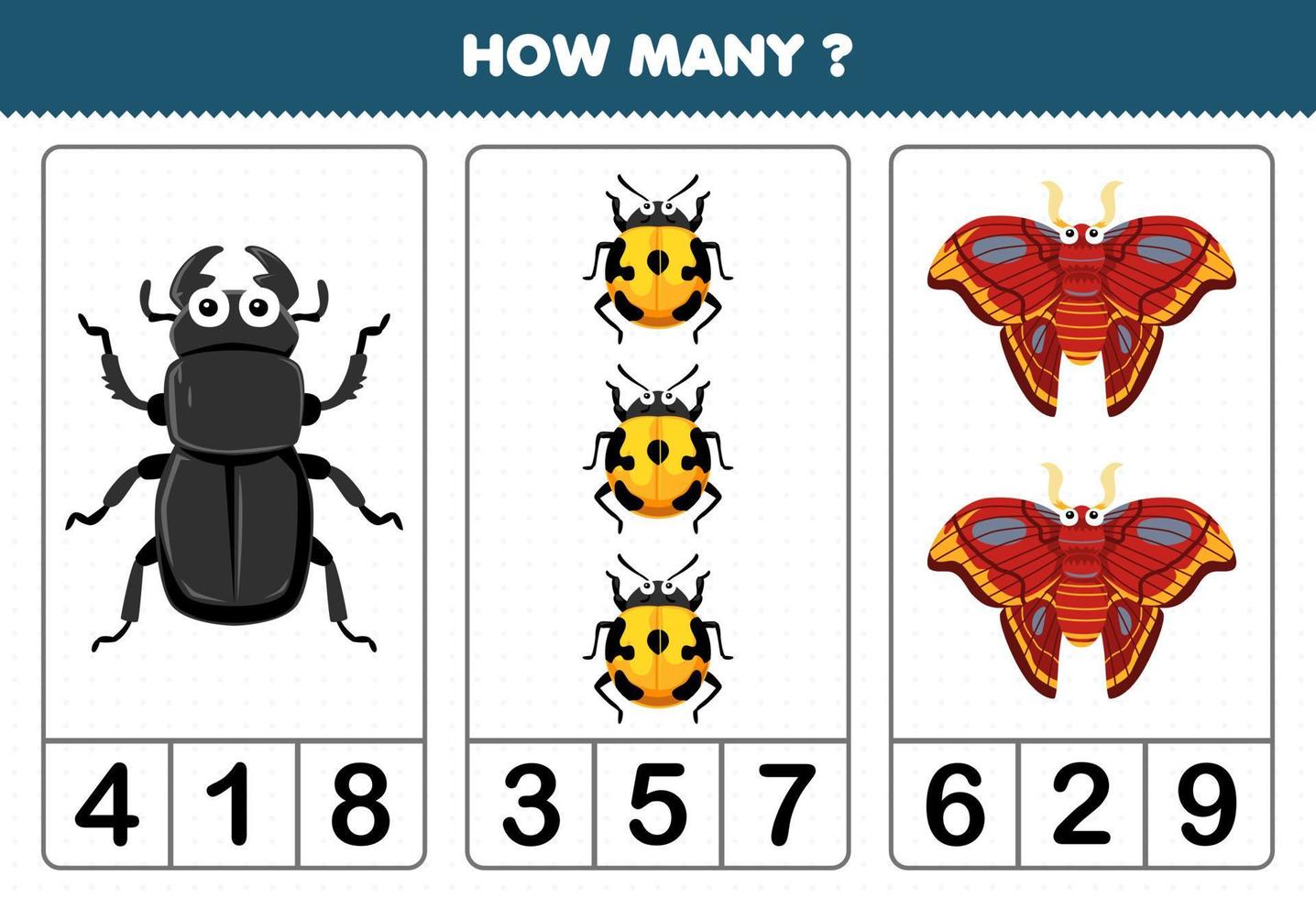 Education game for children counting how many cute cartoon beetle ladybug moth printable bug worksheet vector