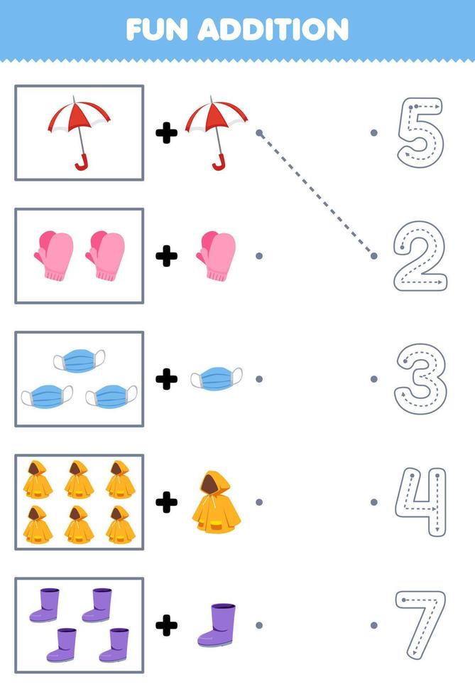 Education game for children fun addition of cartoon umbrella mitten masker raincoat boot then choose the correct number by tracing the line clothes worksheet vector