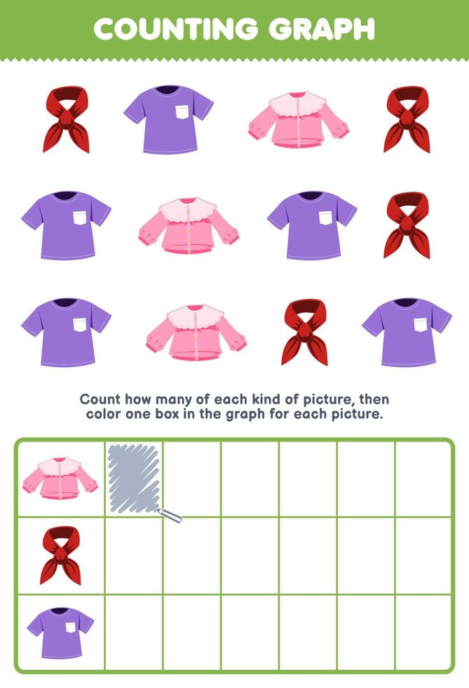 Education game for children count how many cute cartoon scarf blouse and shirt then color the box in the graph printable wearable clothes worksheet vector