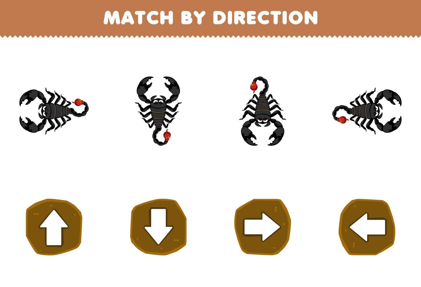 Education game for children match by direction left right up or down orientation of cute cartoon scorpion printable bug worksheet vector