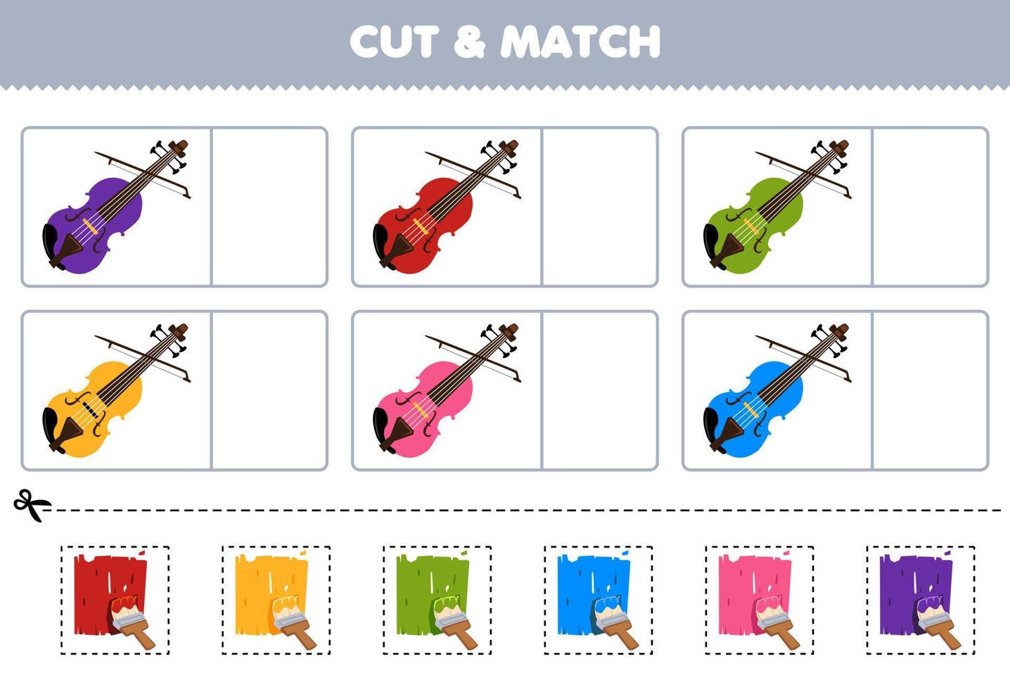 juego educativo para niños corta y combina el mismo color de la hoja de trabajo de instrumento musical imprimible de violín de dibujos animados vector