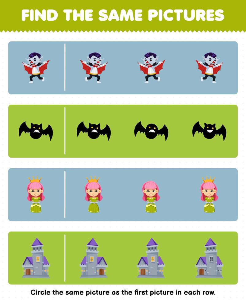 Education game for children find the same picture in each row of cute cartoon dracula bat queen castle printable halloween worksheet vector