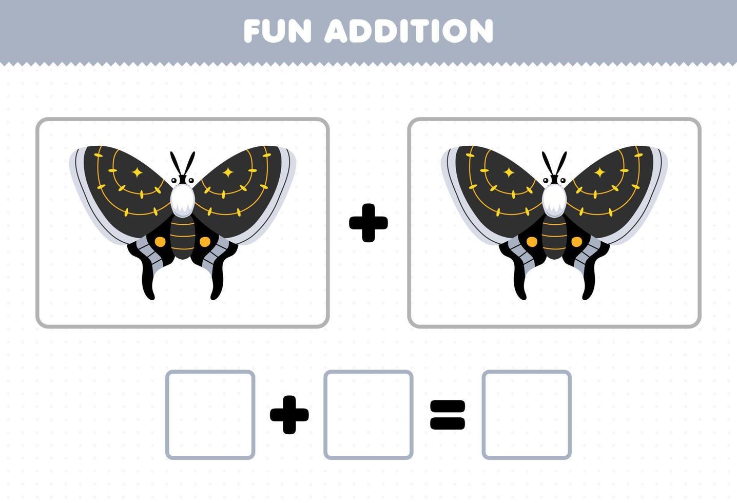 Education game for children fun addition by counting cute cartoon butterfly moth pictures printable bug worksheet vector