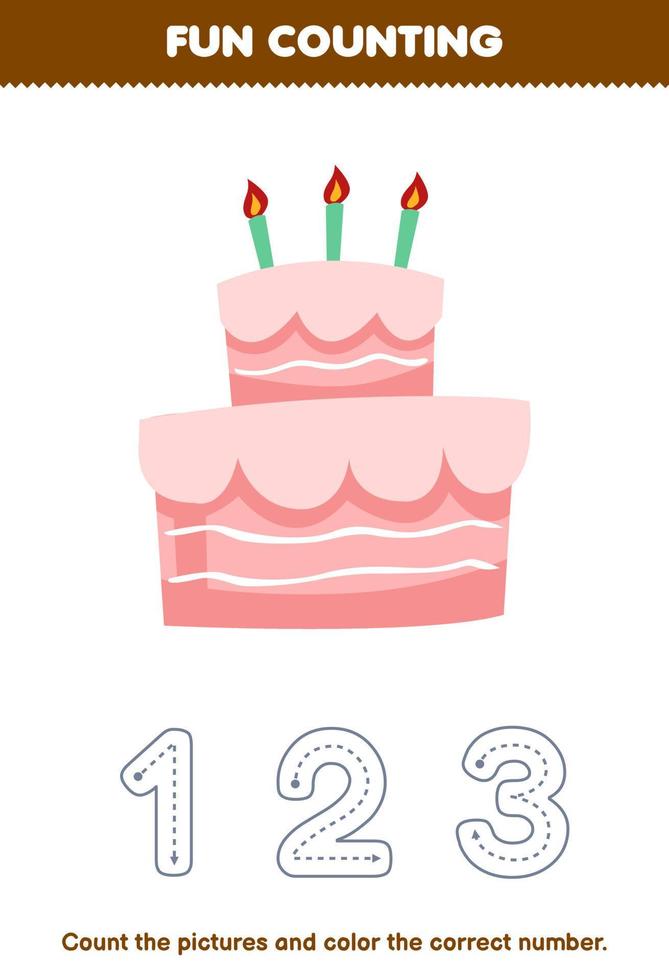 Education game for children count the pictures and color the correct number from cute cartoon cake printable food worksheet vector