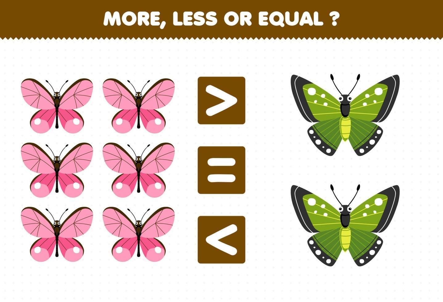 Education game for children more less or equal count the amount of cute cartoon butterfly printable bug worksheet vector